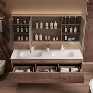 Mid ancient style rock slab seamless integrated basin intelligent <b>mirror</b> wall hanging bathroom cabinet - Product Image 6