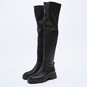Bottes de luxe pour femme, style long, couleur noire, talon épais, imperméables, hauteur genou, bottes hautes pour l'automne - Product Image 1