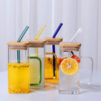 Gobelets carrés en verre borosilicate transparent moderne avec couvercle et paille en bambou – Écologiques, sans BPA, pour lait, café, jus, eau