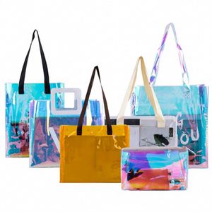 Clear Laser PVC Promotional Customized Handled Beach Tote <b>Bag</b> Shoulder Strap Transparent Holographic Iridescent Shopping/<b>Gifting</b> - Product Image 1