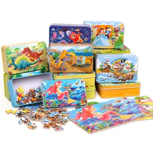 定制批发60件儿童铁盒卡通儿童3d木制拼图游戏玩具