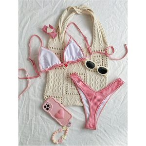 FOXA Women's 2 Piece Gingham <b>Bikini</b> <b>Set</b> Plaid Bow <b>Triangle</b> Swimwear Checkered Bathing Suit Coquette Style - Product Image 2