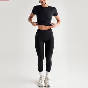 Active Yoga Wear Femmes Manches Courtes Crop Top Butt Lift Leggings Fitness Gym Sets - Product Image 4