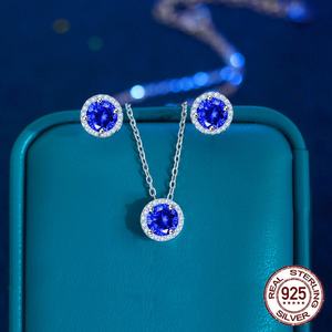 Collana pendente 925 in argento Sterling orecchini a bottone in pietra Tanzanite sintetica blu Set di gioielli da donna per gioielli di san valentino - Product Image 4