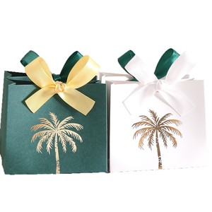 Wholesale Gold Coconut Tree <strong>Pattern</strong> <strong>Paper</strong> Disposable Rigid Candy Box with Ribbon Custom Logo Party Favor Gift Package - Product Image 2