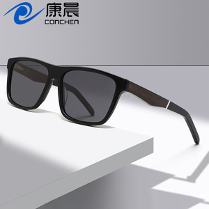 Lunettes de soleil en bois et acétate pour hommes, monture noire, verres TAC, protection UV400, carrées, polarisées, pour la conduite, la pêche, protection solaire - Product Image 2