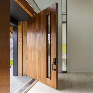 Exterior modern front entry single leaf wooden pivot door designs with glass insert