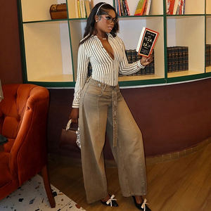 Pantalones Vaqueros Anchos Desgastados para Mujer, con Parches, Cinturón, Estilo Vagabundo, Lavado Resistente, Retro, Estilo Urbano - Product Image 1