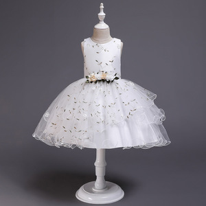 Vestido de niña de las flores de tul bordado blanco, corte A, cuello redondo, estilo princesa para niños - Product Image 5