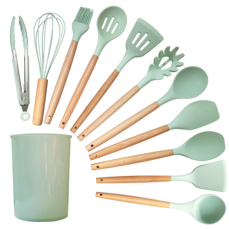 WDF Wholesale 12PCS Spoon Set with Wooden Handle Utensilios De Cocina Silicone Non-Stick Kitchenware Cooking Kitchen Utensil Set