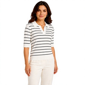 Polo en tricot rayé blanc et noir pour femme, manches courtes, col en V, décontracté, pour le bureau, chemise d'été, fournisseur en gros personnalisé - Product Image 3