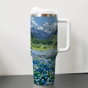 Gobelets isothermes en acier inoxydable de 40 oz, à double paroi, anti-fuite, écologiques, avec couvercle et paille, motif Montagne Rivière Lac, pour voiture - Product Image 4