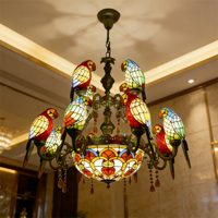 Lustre en verre teinté en forme de perroquet, 10 lumières à intensité variable, suspension dorée, luminaire vintage en mosaïque d'oiseaux pour salon/restaurant