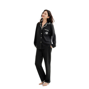 Femmes automne hiver maison vêtements motif solide à manches longues épaissi lâche revers pyjamas ensemble taille élastique fermeture respirant - Product Image 1