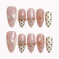 Faux ongles à presser en acrylique certifiés CE, motif coquillage d'été, étoile de mer et fleur 3D, forme amande, avec perles irisées et coquillage dessiné à la main