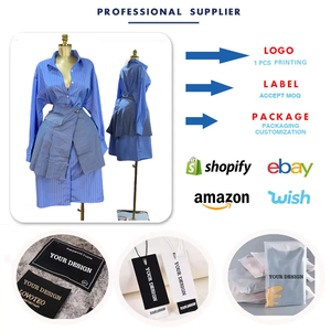 HK73894 Trendy Skirt Set for Women Lapel <strong>Blue</strong> Stripe Long Sleeve Shirt + Short Skirt Sets 2 Piece Outfits for Women Office <strong>Wear</strong> - Product Image 3