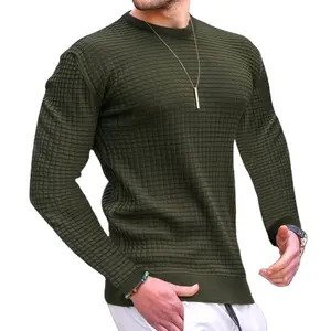 American style autumn waffle men's trend round neck pullover top loose knitted long sleeves cotton T-shirt