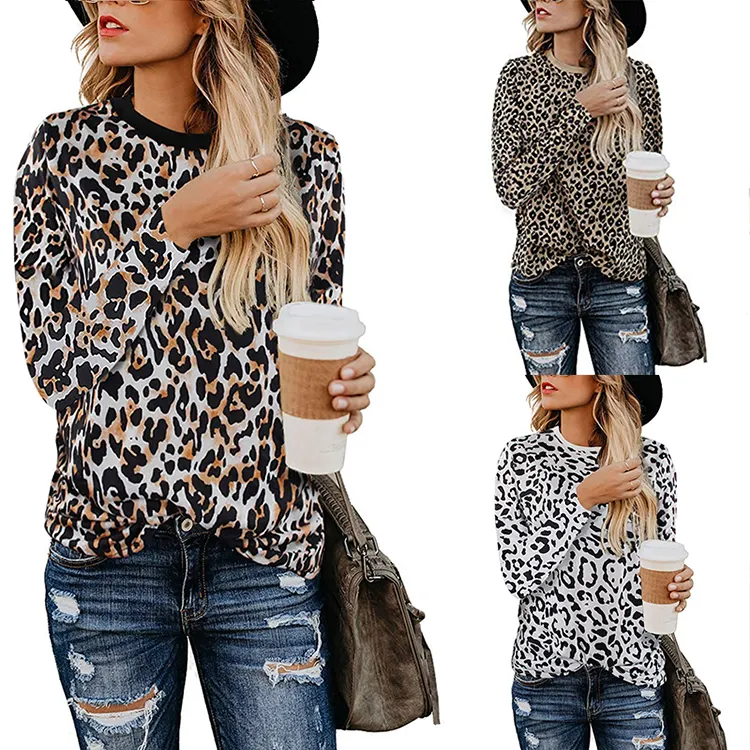 2019 casuales de Otoño de las mujeres camisas de estampado de leopardo Tops básicos suave manga larga blusa