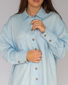 Camicie da donna in <span class=keywords><strong>lino</strong></span> blu chic, nuove collezioni estive 2026, alla moda, in <span class=keywords><strong>lino</strong></span>, a maniche lunghe, stile vintage, vestibilità ampia - Product Image 4