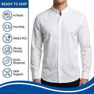 Camisa de Lino para Hombre con Cuello Mao, <span class=keywords><strong>Manga</strong></span> Larga, 95% Lino, 145gsm, Corte Ajustado, Logotipo Personalizado, Casual, Venta al por Mayor en Stock - Product Image 1