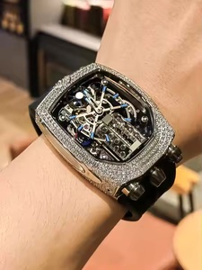 Montre-bracelet squelette mécanique automatique de luxe pour homme, boîtier tonneau de haute qualité, incrustée de diamants, style hip-hop, montre glacée - Product Image 3