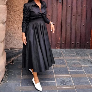 Women's Long-Sleeve Collared Shirt With African-Inspired Elegance, High-Waisted Pleated Skirt, Casual 2-Piece <b>Set</b> Fashion - Product Image 5