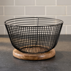 Panier de rangement rond en métal avec base en bois, en treillis métallique, pour cuisine, design minimaliste - Product Image 6