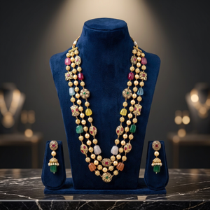 Conjunto de collar de perlas multicolor de 3 capas, joyería india para bodas, aretes, conjunto de joyería de moda nupcial para mujer - Product Image 1