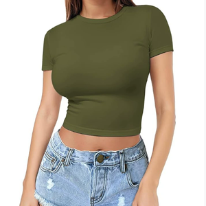 European American Summer Pullover Crop Top für Frauen Cross-Border Casual Milk Silk Kurzarm T-Shirt Thin <span class=keywords><strong>Neck</strong></span> Fashion Design - Product Image 3