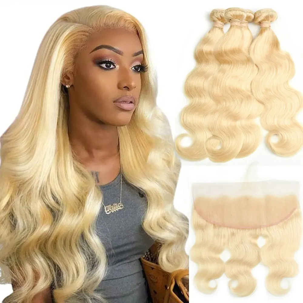 Remy Blonde Kleur Haar Body Wave 3 4 Bundels Met 13X4 Oor Tot Oor Kant Frontale Sluiting Braziliaanse 613 Blond Human Hair Extension