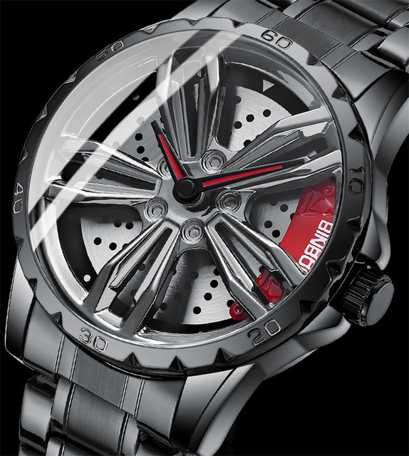 Super Cool Decompression Car Wheel Watch Stainless Steel Spinning Waterproof Watches for Men