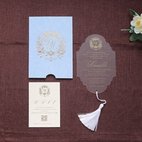Himmelblauer Samt-Einladungsbrief mit Tasche für Hochzeiten, Acryl-Goldprägung, RSVP-Karte mit Quaste, Individuell Anpassbar für Brautparty und Verlobung