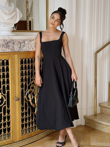 Fabricant personnalisé <span class=keywords><strong>Robe</strong></span> midi longue plissée noire sans manches à col carré et <span class=keywords><strong>corset</strong></span> a line pour femmes - Product Image 2