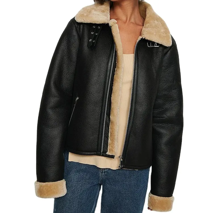 Yeni tasarım süet lamine kuzu ceket siyah Faux-deri ceket uzun kollu kadın avcılık yünü kompozit ceket ceket