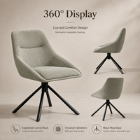 Chaise de salle à manger, tissu texturé gris clair, dossier en forme de coquille avec accoudoirs intégrés, base en métal noir évasée pour hôtel, café et bar