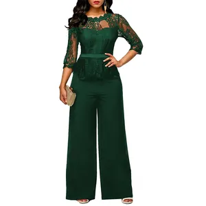 Jumpsuit wanita satu potong kaki lebar elegan jumpsuit lengan panjang renda seksi musim semi desain terbaru