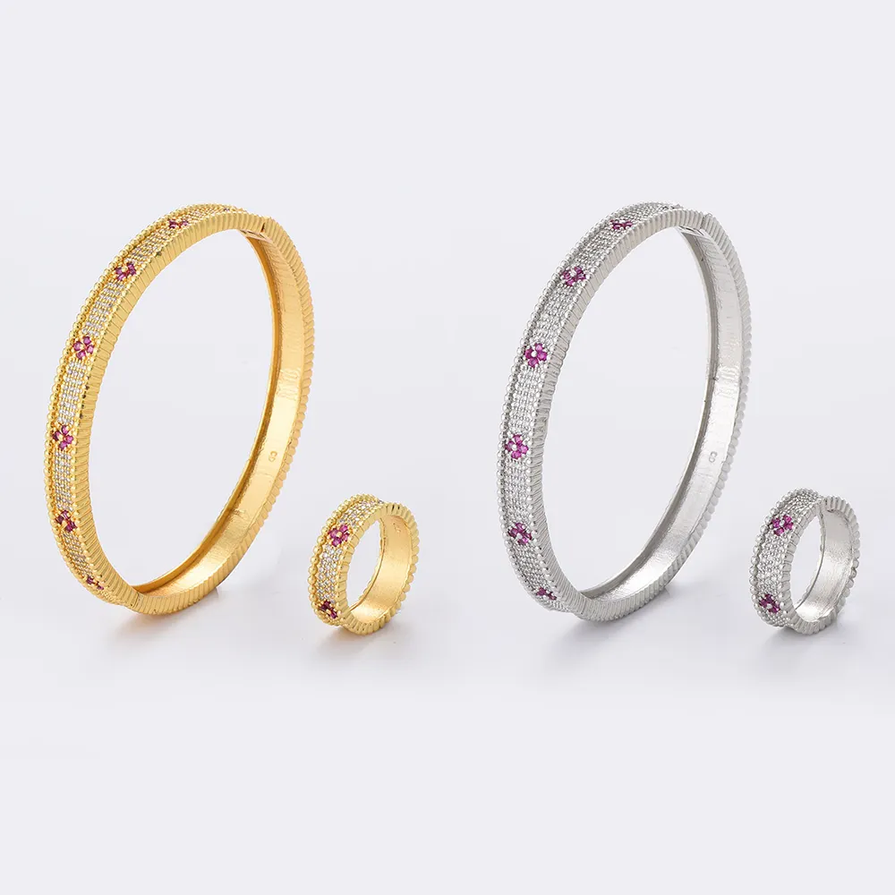 JH Bộ Trang Sức Thời Trang Nữ Trang Sức Hình Hoa Bộ Trang Sức Vòng Tay Đá Zircon Màu Đỏ Hồng 14/18K Nhẫn Và Vòng Tay Mạ Vàng