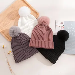 Bonnets avec pompon en fourrure pour bébé, accessoire tricoté, pour l'hiver, vente en gros,