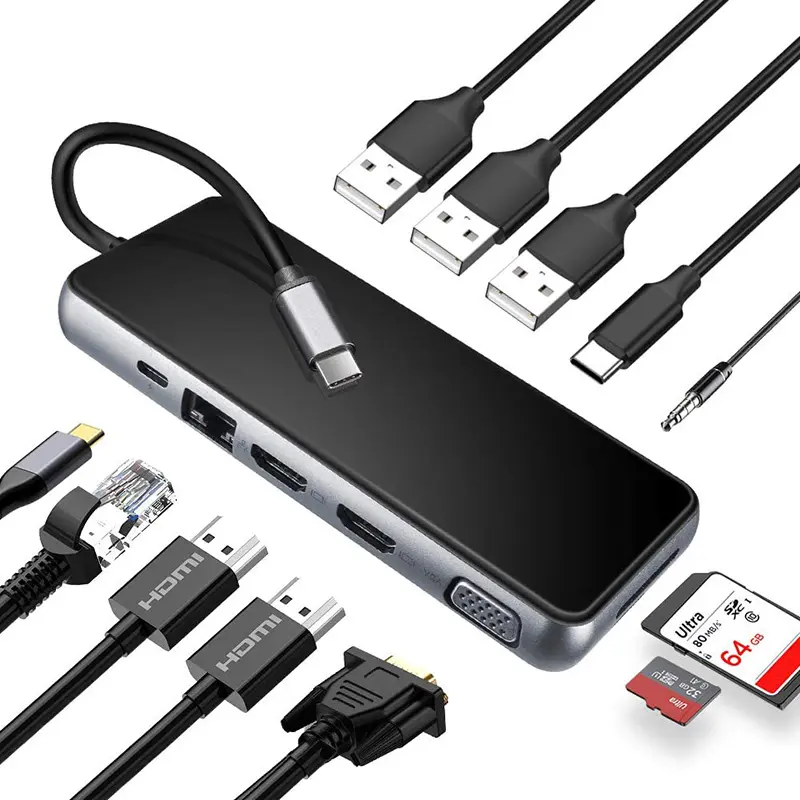 USB Cハブ、イーサネット付き12-in-1タイプCハブ4K2 * HDTV VGA 3 USB3.0 87W PD SD/TFカードリーダーマイク/オーディオforMacPro