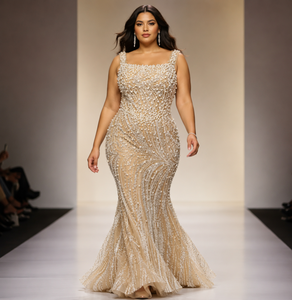 Abito da sera formale <span class=keywords><strong>taglie</strong></span> <span class=keywords><strong>forti</strong></span> con spalline sottili, in tulle color champagne nude, con perline e strass fatti a mano, ideale per Gala, Red Carpet, Ballo di fine anno, Feste - Product Image 2