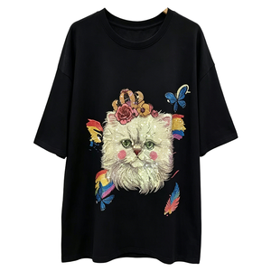 Cute Embroidered Cat T-Shirt Women's Loose Short Sleeve Crew Neck Cotton <b>Knitted</b> <b>Animal</b> <b>Pattern</b> Streetwear Top - Product Image 1