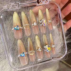 เล็บแบบกดติดเองทำมือรูปแมวตาสีขาวสไตล์ฝรั่งเศสหรูหรา10ชิ้น - Product Image 5