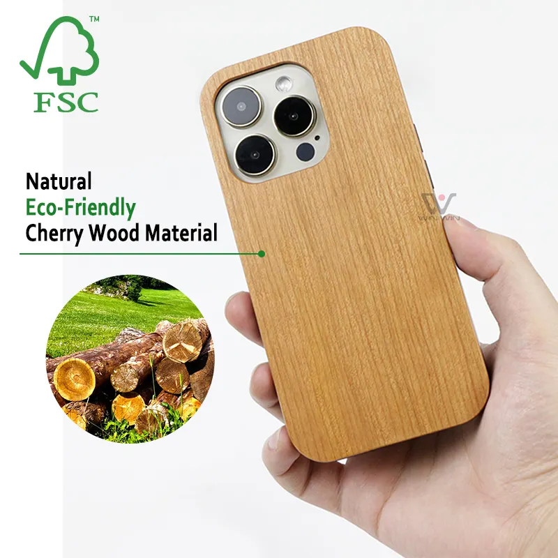 Koa-funda de madera de cerezo para teléfono móvil, carcasa de madera para iPhone 14 15 Pro Max con impresión láser