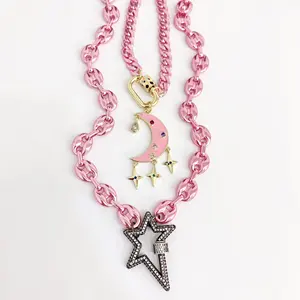 BD-B3516 Cute pink plated pig nose necklace with 18k gold plated pink enamel moon clasp pendant and gun black star charm