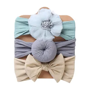 SongMay 3Pcs einfarbig weiches Nylon elastische Baby Schleifen Stirnband Sets geknotet Neugeborene Baby Stirnbänder Haarschmuck Mädchen