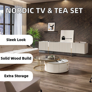 Mueble de TV con Cajones de Madera, Mesa de Centro con Tapa de Cristal y Diseño de Paneles en Estilo Nórdico Moderno <span class=keywords><strong>para</strong></span> Sala de Estar de Alta Gama - Product Image 2