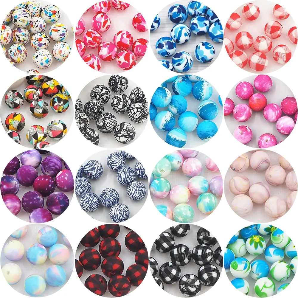 Wholesale Food Grade 15mm Baby Teething Necklace Custom Leopard Printed Silicone Beads For DIY Jewelry Making