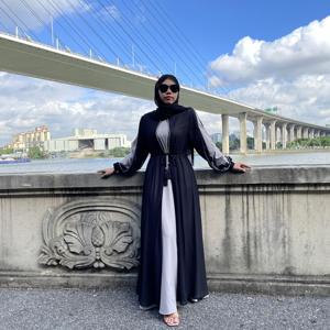 6429 # voan đen mở với ngọc trai với vành đai và ăn mặc hai mảnh vestidos thời trang abaya Ăn mặc - Product Image 6