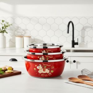 Stainless Steel Mixing Bowls Set 222426 Red Cartoon Horse Design Kitchen Cooking Bowl <b>Vegetable</b> Washing Basin Dishwashing Basin - Product Image 1