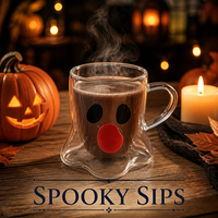 Taza de Vidrio de Doble Pared Aislada de 440 ml con Asa en Forma de C, Diseño de Cara Impresa, Base Ondulada, para Café, Té, Regalo de Halloween, con Diseño de Fantasma
